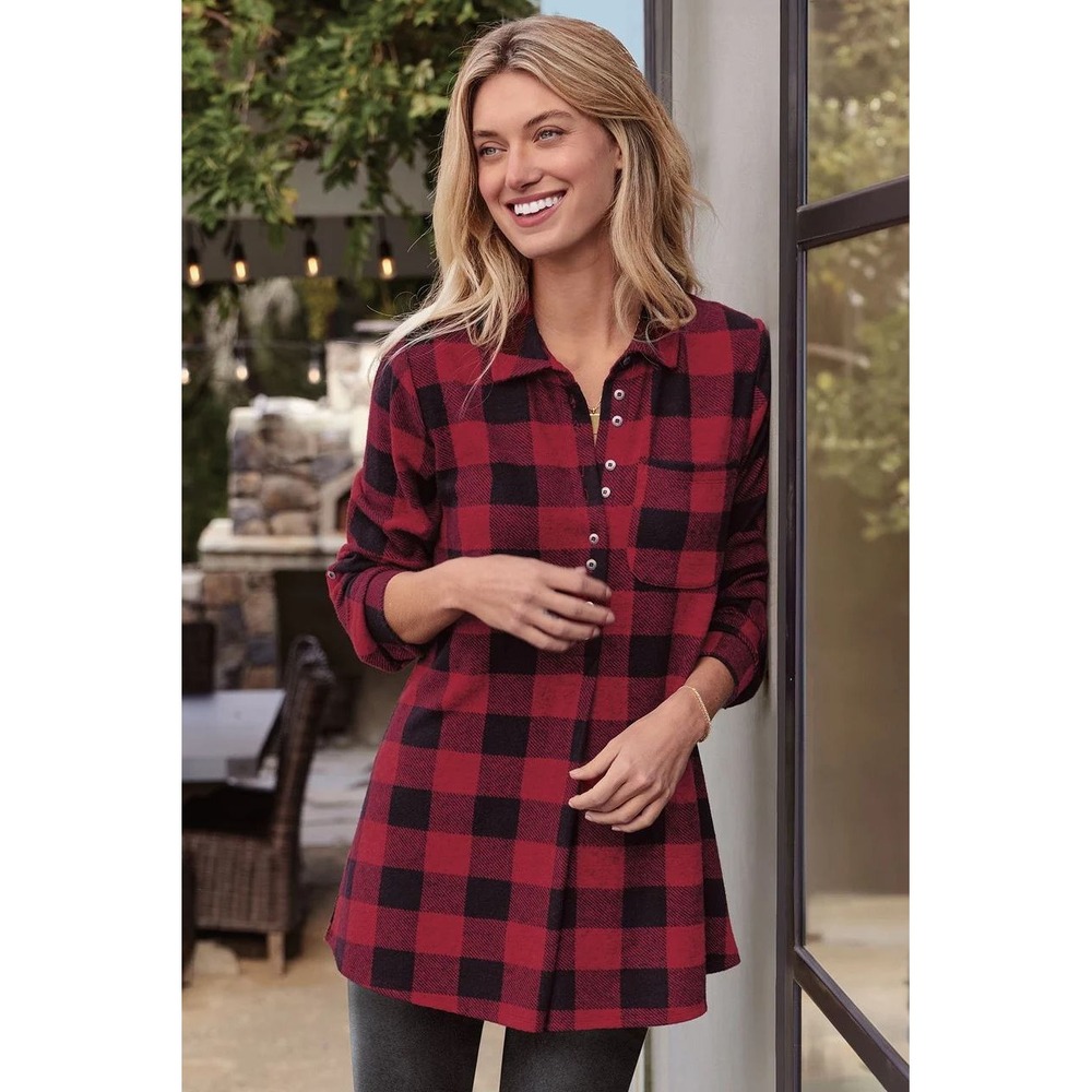 Soft Surroundings Mad About Plaid Tunic Rio‎ Buffalo Tunic Button Top Size L